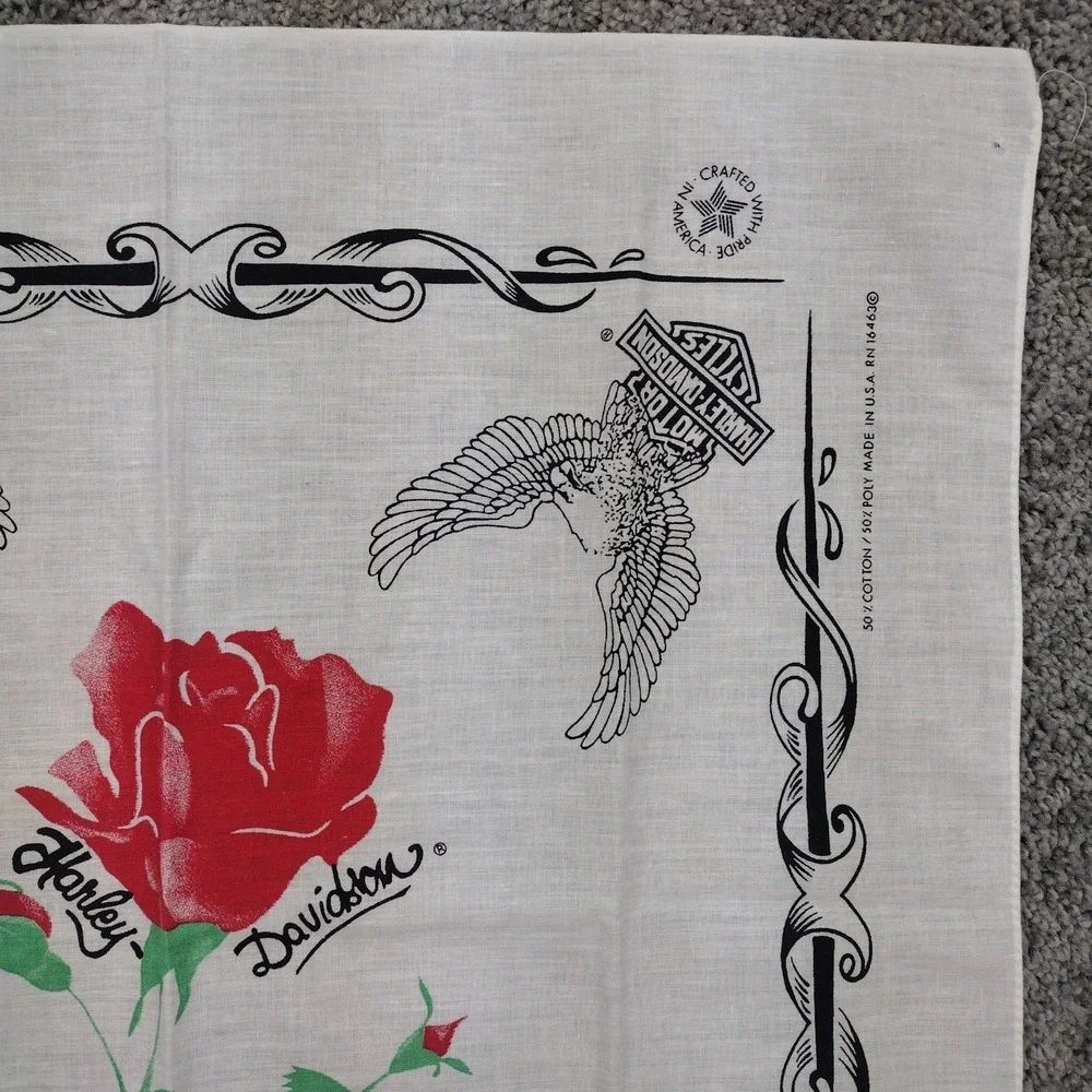 Vintage 80s Harley Davidson Bandana Rose Upwing Eagle Bar Shield USA Made White